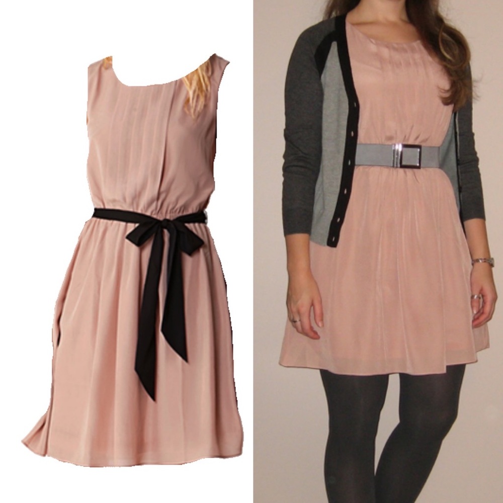 Dusty pink a-line dress with black waist sash - Picture 5 of 7